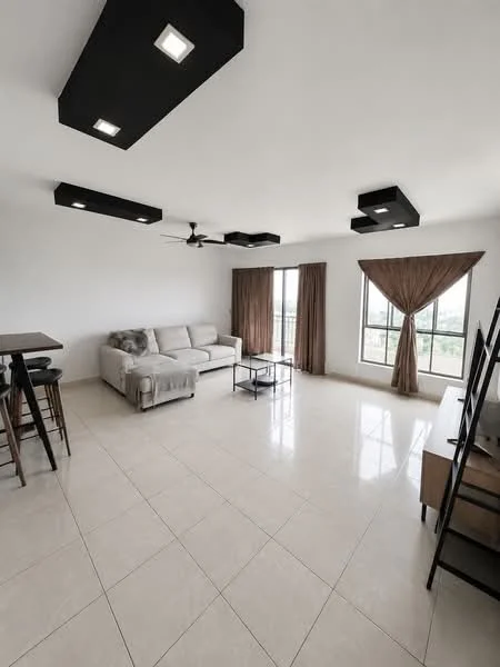 Living features: cream painted walls, white ceiling, black ceiling lights, 5-blade ceiling fan, large windows with city view, sheer curtains, beige fabric sofa, glass coffee table, dark wood dining table with high chairs, tile flooring; style: modern; view: city.