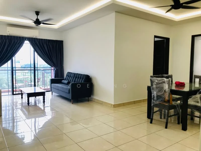 Living features: 3-seater fabric sofa in dark blue, coffee table, dining table with 4 chairs, floor-to-ceiling windows, sliding glass door, blackout curtains, white painted walls, glossy ceramic tile flooring, ceiling with recessed lighting, 2-blade ceiling fan; style: modern; view: city.