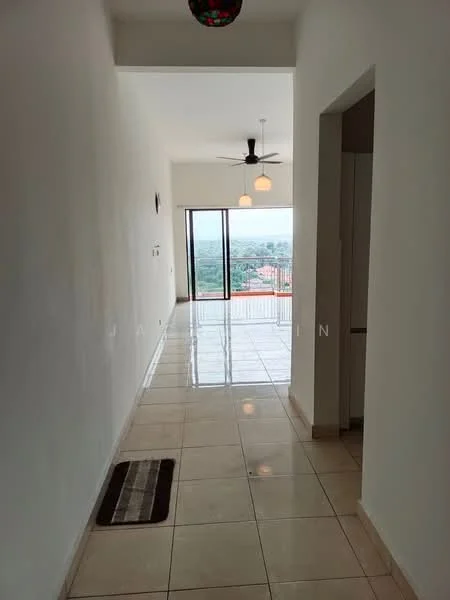 Room features: white painted walls, glossy tile flooring, ceiling fan with light, large glass sliding door, city view through sliding door, recessed ceiling lights, neutral color scheme, decorative pendant light; style: modern; view: city.