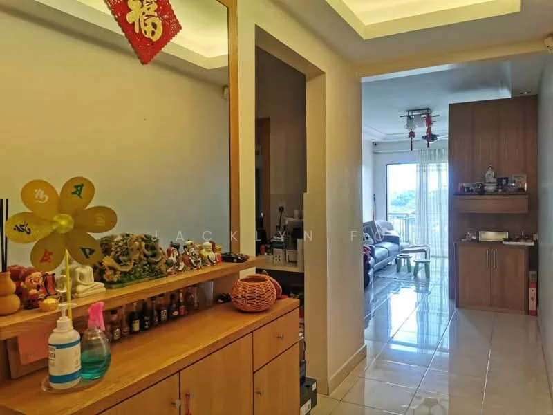 Room features: white painted walls, glossy tile flooring, tray ceiling with recessed lighting, wooden console cabinet, decorative figurines on shelf, mirror on wall, window with sheer curtains, open space leading to another room; style: modern.
