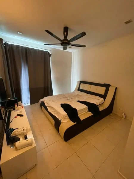 Bedroom features: king-size bed with upholstered headboard, white bedding, 3-blade ceiling fan, floor-to-ceiling window with sheer curtains, white painted walls, tile flooring, TV console, decorative items on console; style: modern.