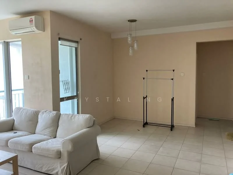 Living features: white fabric sofa, tile flooring, wall-mounted split AC, floor-to-ceiling windows, sheer curtains, chandelier with multiple bulbs, neutral painted walls, open layout; style: modern.