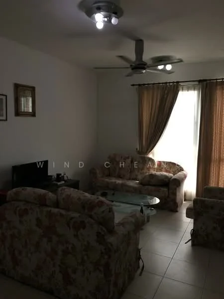 Living features: 3-seater fabric sofa with floral pattern, 2-seater fabric sofa with floral pattern, glass coffee table, wall-mounted TV, ceiling fan with light, curtains, tile flooring, white painted walls; style: traditional.