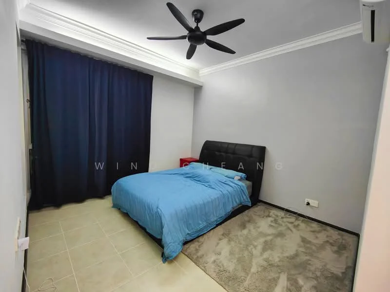Bedroom features: king-size bed with black upholstered headboard, blue bedding, cream wall paint, dark grey accent wall, 5-blade ceiling fan with light, window with dark blue curtains, light-colored tile flooring, area rug with plush texture, air conditioning unit on wall; style: modern.