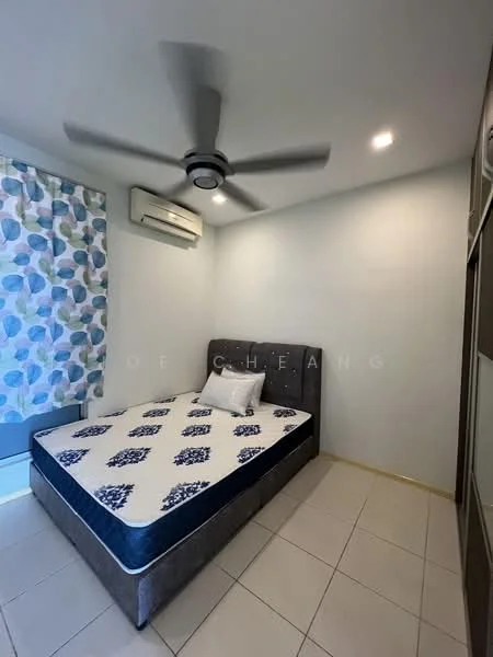Bedroom features: queen-size bed, upholstered headboard, bedside lamps, built-in wardrobe, 5-blade ceiling fan, wall-mounted split AC, light grey painted walls, tile flooring, window with sheer curtains; style: modern.