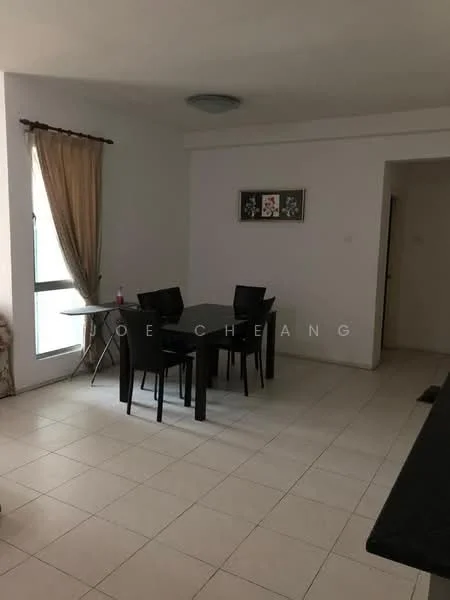 Dining features: black dining table, 4 black dining chairs, white tiled flooring, large window with sheer curtains, wall-mounted artwork, ceiling light fixture, neutral wall color, corner with doorway leading to another room; style: modern.