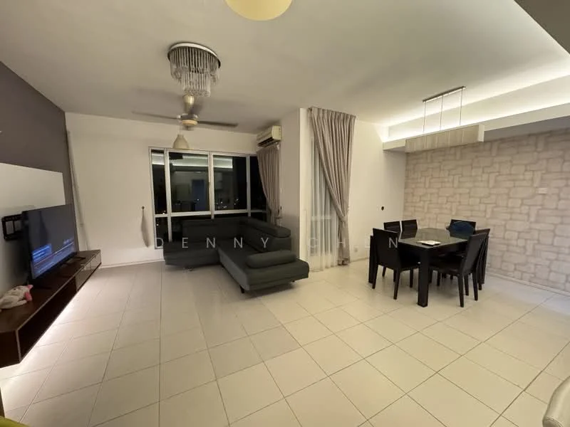 Living features: L-shape sectional sofa in dark grey, wall-mounted TV, coffee table, ceiling fan with light, white painted walls, tile flooring, floor-to-ceiling windows, curtains, decorative wall with stone cladding, dining table with four chairs; style: modern; view: city.
