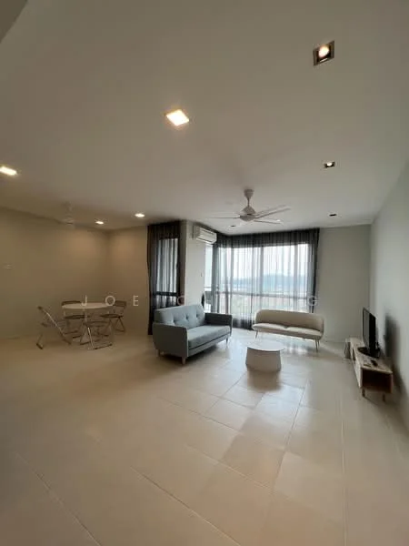 Living features: light grey fabric sofa, white coffee table, TV console, wall-mounted TV, 5-blade ceiling fan with light, recessed downlights, floor-to-ceiling windows, blackout curtains, cream tiled flooring, dining table with folding chairs, air conditioning unit; style: modern; view: city.