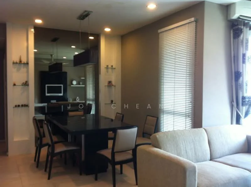 Dining features: black dining table, 8 dining chairs, pendant light above table, wall-mounted TV, built-in shelving units, cream walls, large windows with blinds, open layout to living area, tile flooring, sofa in living area adjacent; style: modern.