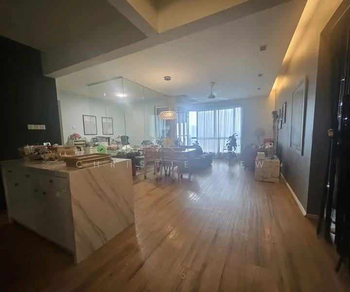 Living features: wooden flooring, recessed ceiling with lighting, floor-to-ceiling windows, sheer curtains, ceiling fan, decorative wall art, sofa, coffee table, dining table, open kitchen layout, kitchen island with marble countertop, glass partition, plants in pots; style: modern; view: city. Kitchen features: marble countertop, kitchen island, stainless-steel sink, built-in cabinets, recessed lighting; style: modern.