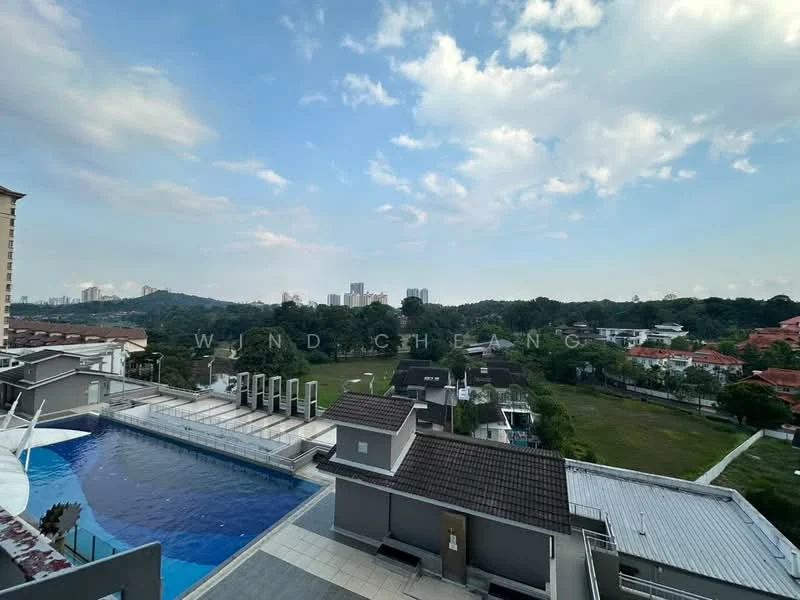 Exterior type: high-rise condominium; features: infinity pool, landscaped garden, manicured lawn, surrounded by greenery, city skyline in background, multiple air conditioning units on rooftop; style: modern.