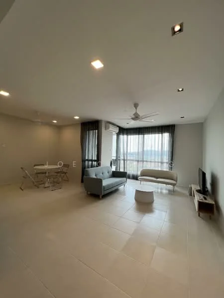 Living features: grey fabric 3-seater sofa, white armchair, round white coffee table, wall-mounted TV, TV console, 5-blade ceiling fan with light, recessed downlights, floor-to-ceiling windows, black sheer curtains, light beige tiled flooring, air conditioning unit; style: modern; view: city. Dining features: foldable dining table, 4 metal dining chairs; style: modern; view: city.