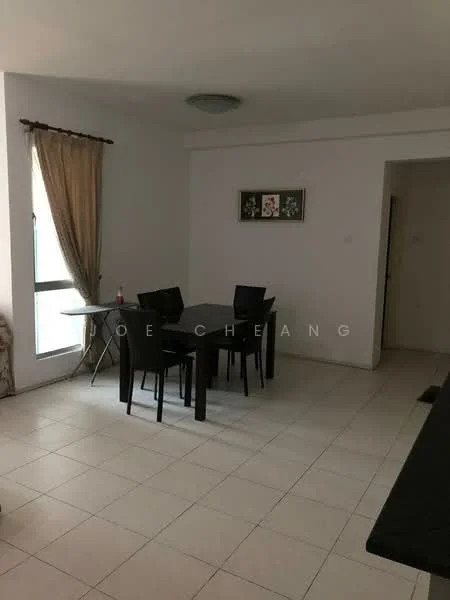 Dining features: dining table with black finish, 4 black dining chairs, white painted walls, tile flooring, curtains in beige, ceiling light fixture, framed artwork on wall, window with natural light; style: modern.