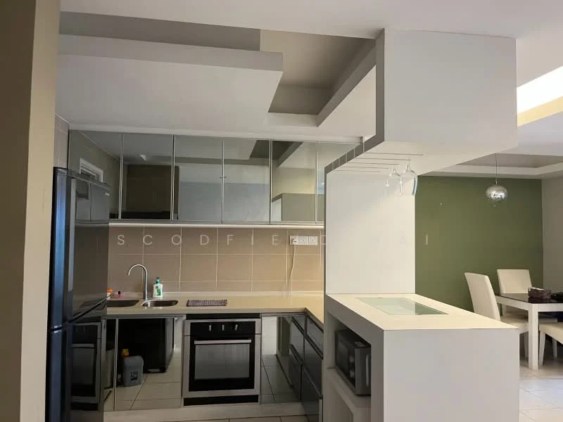 Kitchen features: stainless-steel fridge, built-in oven, freestanding range oven, single-bowl stainless-steel sink, chrome pull-down faucet, white cabinetry with glass fronts, grey tiled backsplash, white countertop, pendant light, ceramic tile flooring, recessed downlights, open shelving; style: modern.