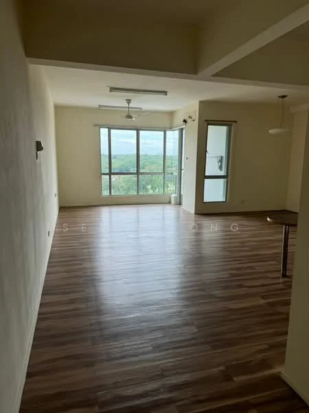 Living features: wooden flooring, 5-blade ceiling fan, large floor-to-ceiling windows, sliding glass door, neutral painted walls, natural light, view of greenery, recessed ceiling lights, dining table, open layout; style: modern; view: garden.