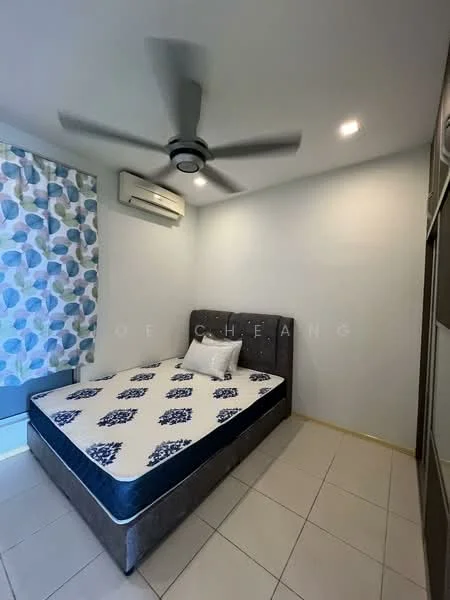 Bedroom features: queen-size bed, upholstered headboard, bedside lamps, built-in wardrobe, 5-blade ceiling fan, wall-mounted split AC, window with sheer curtains, tile flooring, light grey painted walls; style: modern.