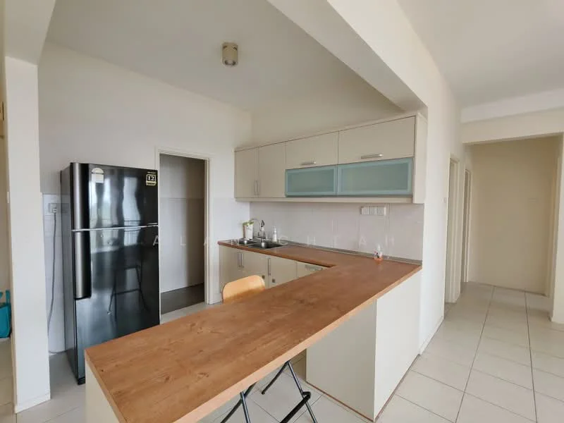 Kitchen features: black fridge, wood countertop, light grey cabinetry, glass-front upper cabinets, stainless-steel sink, chrome pull-down faucet, tile backsplash, ceramic tile flooring, recessed downlights; style: modern. Room features: white painted walls, doorway leading to another room, open layout.