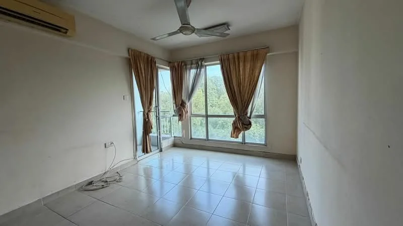 Room features: floor-to-ceiling windows, sliding glass door, curtains, 5-blade ceiling fan, wall-mounted split AC, tile flooring, neutral painted walls, balcony access; view: garden.