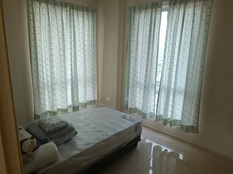 Bedroom features: single bed frame, mattress, two large windows, green patterned curtains, cream painted walls, glossy tile flooring, decorative pillows, blanket.