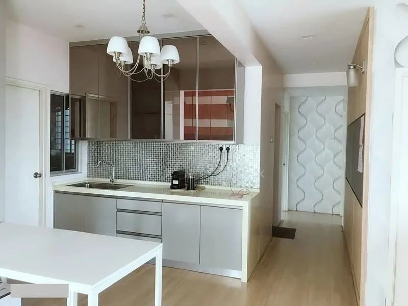 Kitchen features: white cabinetry, grey countertop, stainless-steel sink, chrome pull-down faucet, built-in coffee machine, mosaic tile backsplash, recessed downlights, chandelier, open shelving, dining table, wooden flooring; style: modern. Hallway features: wooden flooring, feature wall with wavy design, white painted walls, door to room, light fixtures; style: modern.