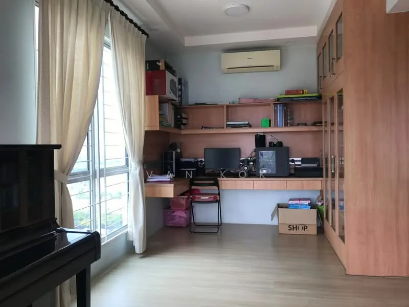 Study features: wooden flooring, light brown wooden cabinetry, built-in shelves, desk with computer monitor, black office chair, window with sheer curtains, air conditioning unit, piano, box storage, books and files on shelves; style: modern; view: city.