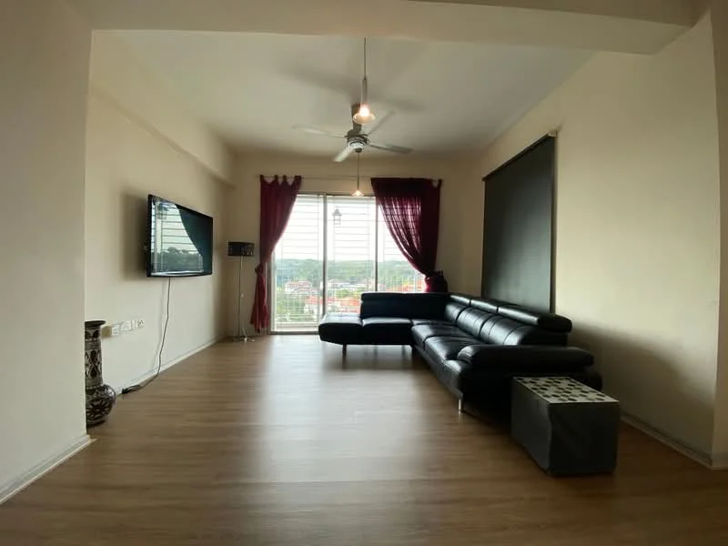 Living features: black leather sectional sofa, 3-blade ceiling fan, wall-mounted TV, light wood flooring, large window with city view, sheer curtains, dark roller blinds, decorative side table, decorative vase, wall-mounted media console; style: modern; view: city.