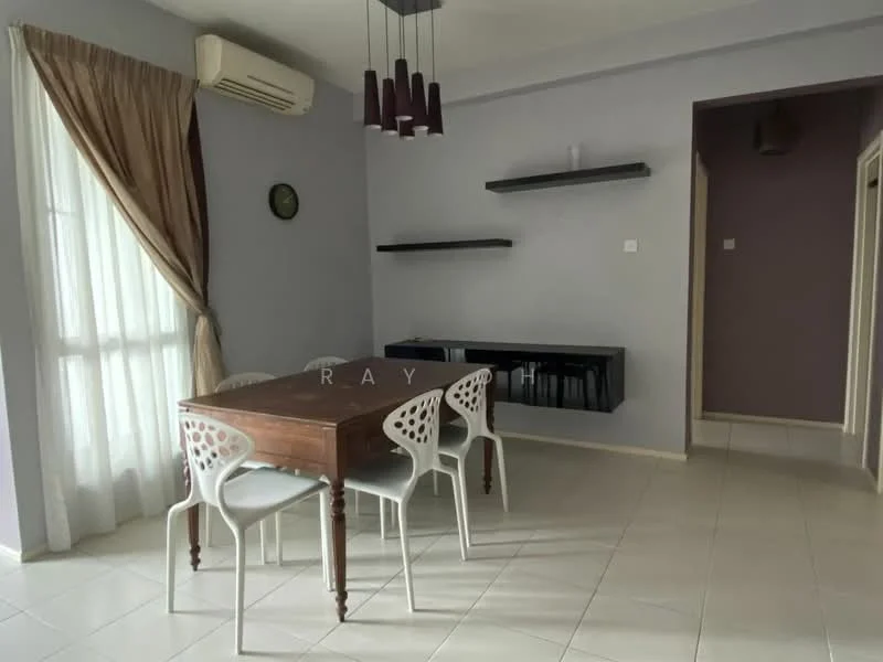 Dining features: dining table with wooden surface, 4 white plastic dining chairs, light grey painted walls, white tiled flooring, air conditioning unit on wall, shelves mounted on wall, curtains in beige, round wall clock; style: modern.