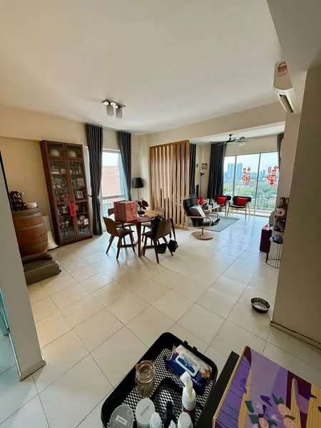 Living features: floor-to-ceiling windows, city view, light-colored walls, tile flooring, recessed downlights, ceiling fan, wooden dining table with chairs, armchair, decorative wooden cabinet, curtains, open layout, decorative items on shelves, pet bowl; style: modern; view: city.