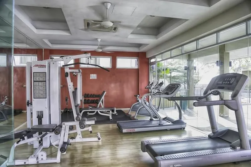 Gym features: treadmill, elliptical machine, multi-gym weight machine, free weights, wooden flooring, ceiling fan, large windows, mirrored wall, painted accent wall in red, recessed ceiling lights; style: modern; view: garden.