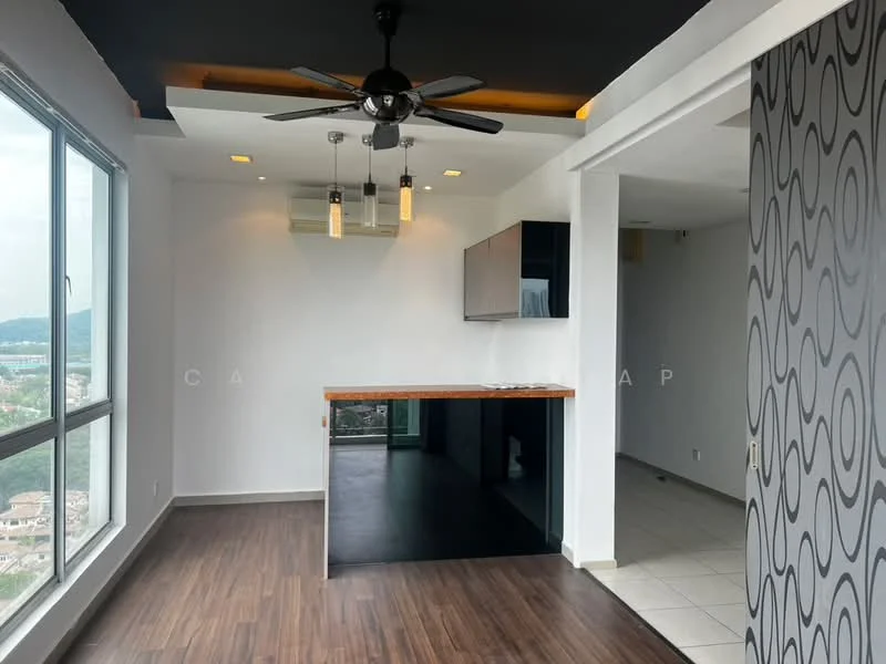 Living features: floor-to-ceiling windows, black ceiling with recessed lighting, 5-blade ceiling fan with light, wood laminate flooring, open layout to kitchen, bar counter with wooden top, white painted walls, air conditioning unit; style: modern; view: city. Room features: white tiled flooring, white painted walls, open space.
