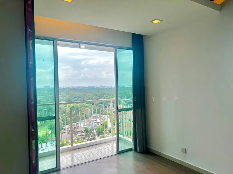 Room features: floor-to-ceiling windows, sliding glass door, grey walls, wooden flooring, recessed downlights, curtains, balcony access, view of greenery; style: modern; view: garden.