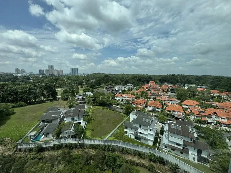 Exterior features: city skyline in background, lush greenery, residential houses with red tiled roofs, two-storey houses, landscaped gardens, open fields, fenced properties, roadways visible; style: modern.