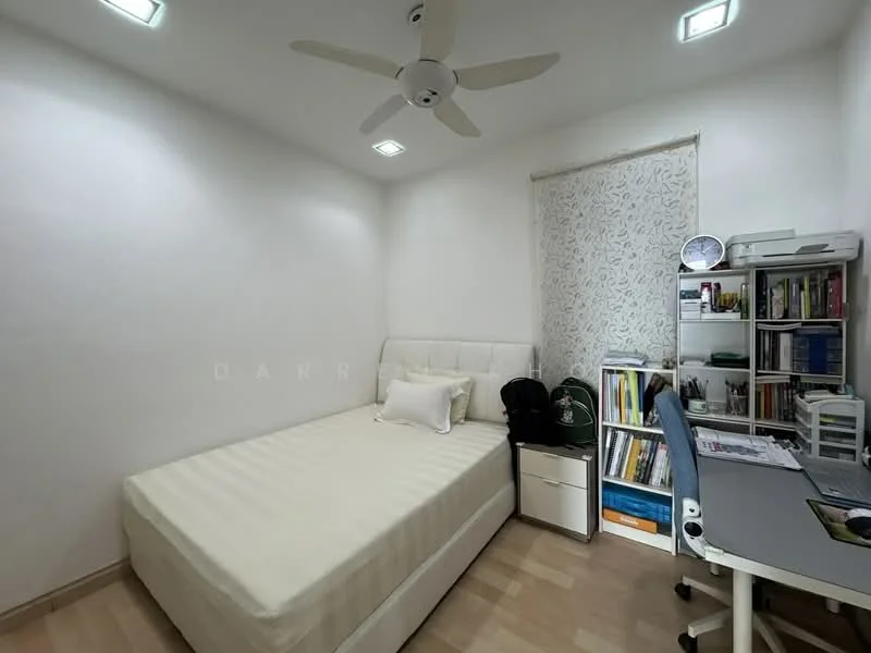 Bedroom features: queen-size bed, upholstered headboard, white painted walls, wooden flooring, 5-blade ceiling fan with light, window with sheer curtains, study desk, bookshelf, decorative pillow, chair, storage cabinet; style: modern.