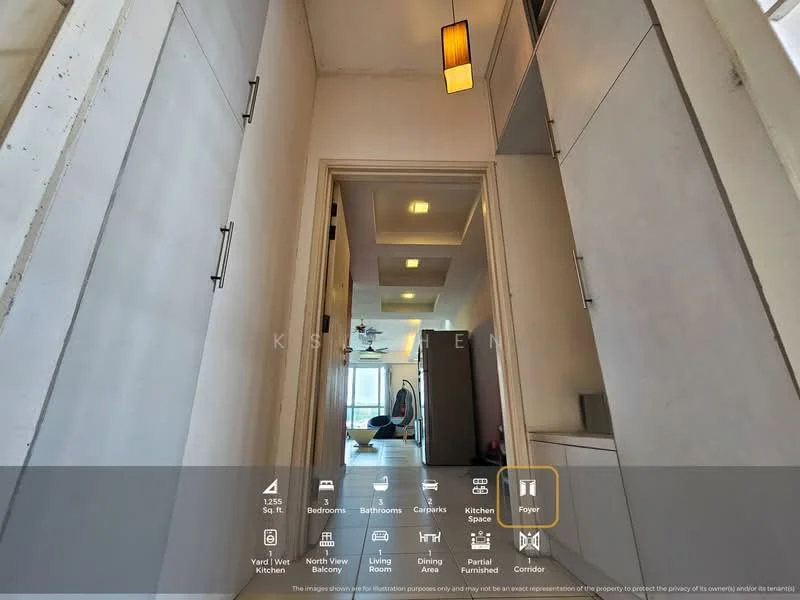 Room features: white painted walls, light grey floor tiles, recessed ceiling lights, pendant light fixture, doorway leading to another room, built-in cabinets, open space layout, ceiling fan; style: modern.