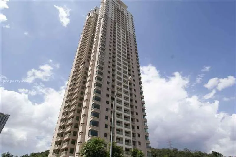 Exterior type: high-rise condominium; features: glass curtain wall, cream painted facade, recessed balconies, approximately 30-storey high-rise, surrounded by mature greenery, urban context with city skyline in background; style: modern.