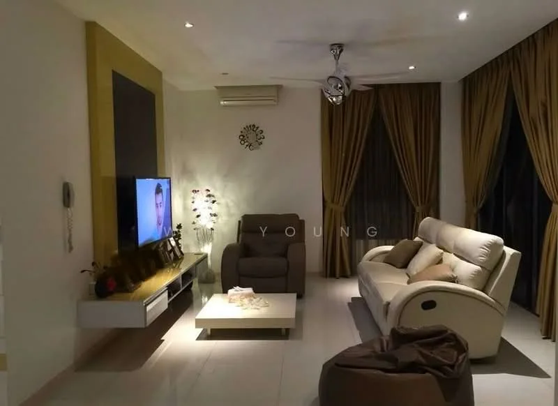 Living features: 3-seater leather sofa in beige, 2-seater fabric sofa in brown, coffee table, wall-mounted TV, TV console, decorative wall clock, floor-to-ceiling windows with sheer curtains, recessed downlights, ceiling fan with light, cream painted walls, light-colored tile flooring, decorative plant in ceramic pot; style: modern.