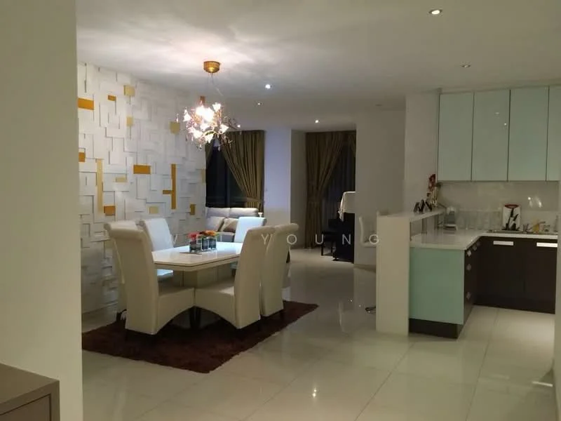 Dining features: white dining table, upholstered dining chairs, chandelier with multiple bulbs, cream painted walls, decorative wall with geometric patterns, brown area rug, floor-to-ceiling windows with curtains, recessed downlights, kitchen island with light blue cabinetry, white cabinetry, stainless-steel appliances; style: modern; view: city.