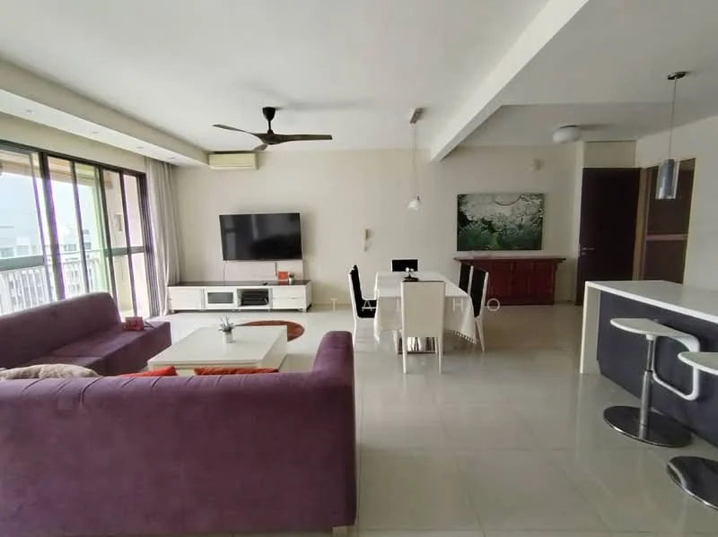 Living features: 3-seater fabric sofa in purple, white coffee table, wall-mounted TV, ceiling fan, floor-to-ceiling windows, sliding glass door, area rug, decorative wall art; style: modern; view: city. Dining features: 6-seater dining table, white dining chairs, sideboard cabinet, decorative painting; style: modern. Kitchen features: bar counter with stools, white cabinetry, stainless-steel appliances, open layout; style: modern.