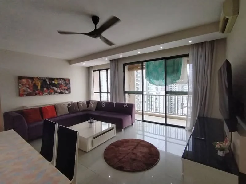 Living features: L-shape sectional sofa in purple, red accent cushions, coffee table, TV console, wall-mounted TV, area rug with circular shape, floor-to-ceiling windows, sheer curtains, recessed downlights, ceiling fan, decorative artwork on wall, glossy tiled flooring; style: modern; view: city.
