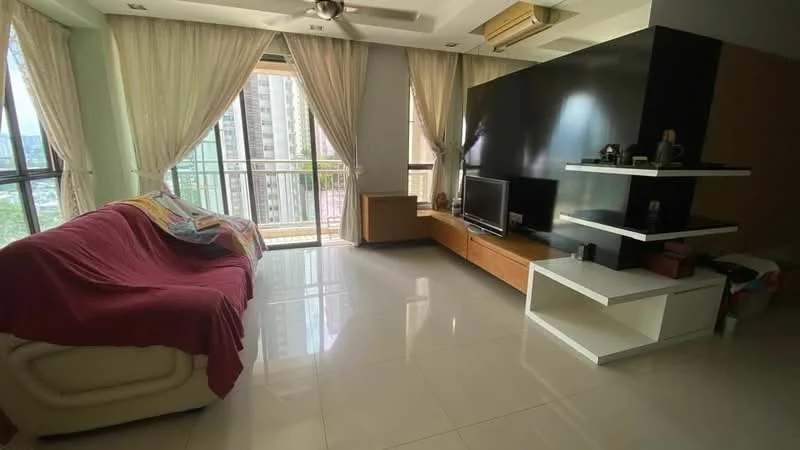 Living features: 3-seater fabric sofa in cream, red throw blanket on sofa, TV console with storage, wall-mounted TV, white shelving unit, large windows with sheer curtains, ceiling fan, recessed downlights, glossy tile flooring, wooden cabinetry, decorative items on shelves; style: modern; view: city.