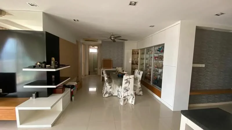 Living features: white painted walls, cream tiled flooring, 5-blade ceiling fan, wall-mounted shelving unit, dining table with floral-patterned chairs, display cabinet with glass doors, decorative items on shelves, recessed lighting, open layout, neutral color scheme; style: modern.