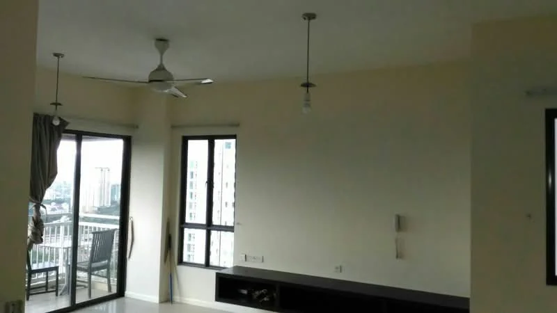 Living features: light beige painted walls, white ceiling, 5-blade ceiling fan, floor-to-ceiling windows, sliding glass door, balcony access, built-in TV console, neutral flooring; style: modern; view: city.