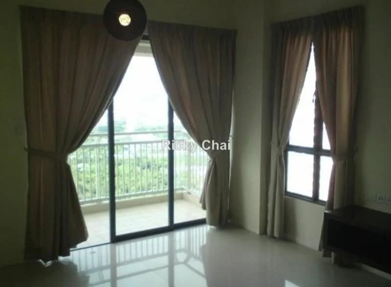Living features: floor-to-ceiling windows, sliding glass door, sheer curtains, blackout curtains, cream painted walls, polished tile flooring, ceiling light fixture, balcony view; view: city.
