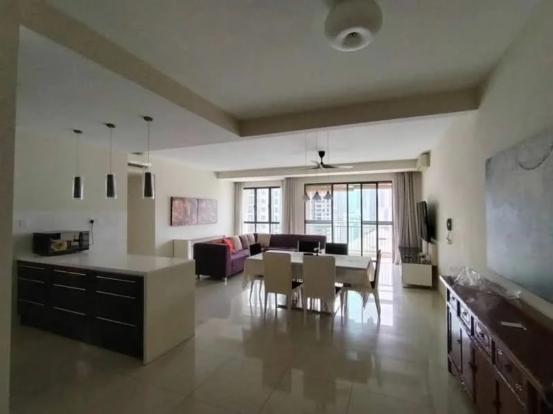 Living features: open-plan layout, large floor-to-ceiling windows, grey fabric sofa, 4-seater dining table, white dining chairs, dark wood sideboard, pendant lighting, recessed ceiling lights, cream painted walls, tile flooring, curtains, city view; style: modern; view: city. Kitchen features: island countertop, dark cabinetry, stainless-steel appliances, built-in oven, cooktop, hood, white backsplash; style: modern.