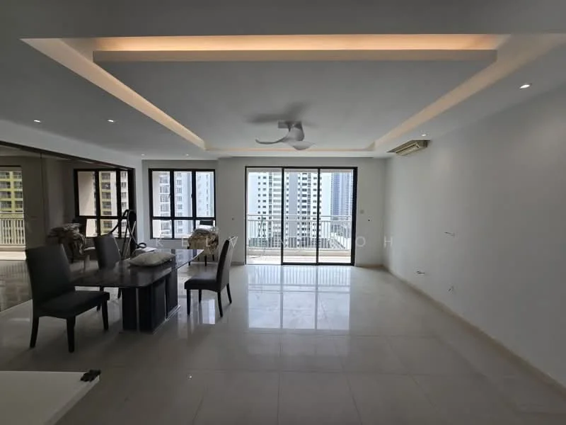 Living features: white painted walls, marble tile flooring, tray ceiling with recessed lighting, 5-blade ceiling fan with light, floor-to-ceiling windows, sliding glass door, dining table with 6 chairs, open layout to balcony, natural light from windows, air conditioning unit; style: modern; view: city.