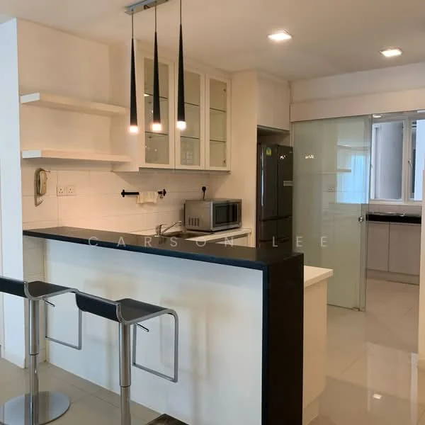 Kitchen features: black countertop, white cabinetry, glass-front upper cabinets, stainless-steel microwave, stainless-steel fridge, built-in oven, 3-blade pendant lights, bar stools, ceramic tile flooring, open shelving, sink, glass partition, wall-mounted phone; style: modern.
