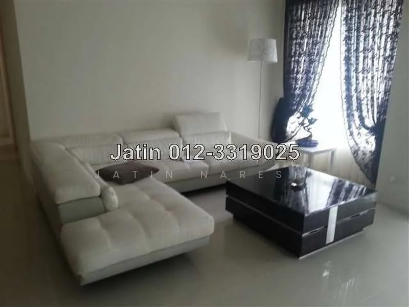 Living features: L-shape sectional sofa in white leather, coffee table with black surface and white accents, floor lamp, curtains with black pattern, light-colored walls, glossy tile flooring, decorative wall art, natural light from window; style: modern.