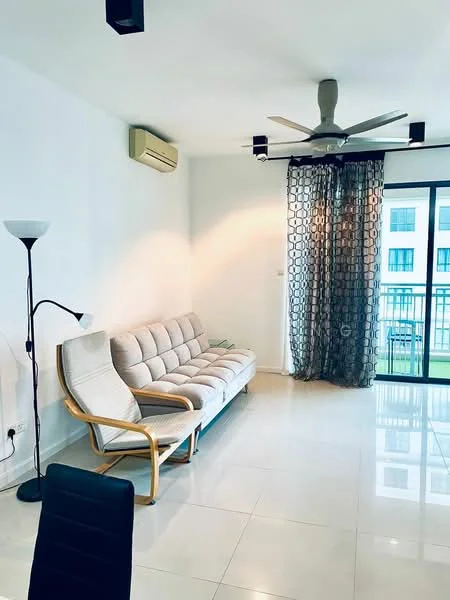 Living features: 3-seater fabric sofa in light grey, floor-to-ceiling windows, sliding glass door, white walls, polished tile flooring, 5-blade ceiling fan with light, black floor lamp, curtains with geometric pattern, air conditioning unit on wall, decorative plant on floor; style: modern; view: garden.