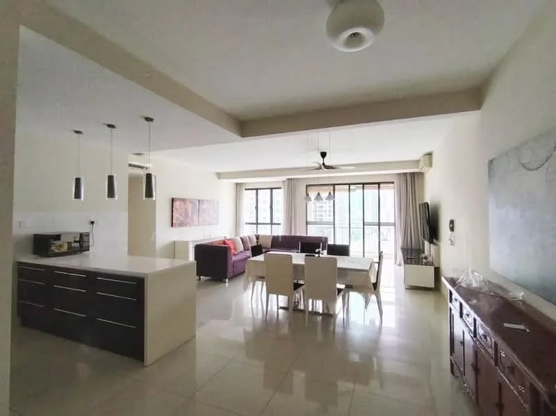 Living features: open-plan layout, large floor-to-ceiling windows, cream painted walls, recessed downlights, 5-blade ceiling fan, grey fabric sofa, dining table with white chairs, wooden sideboard, neutral tile flooring, balcony access, decorative artwork on walls; style: modern; view: city. Kitchen features: island countertop with white surface, dark wood cabinetry, built-in appliances, stainless-steel sink, chrome faucet, pendant lighting above island; style: modern.