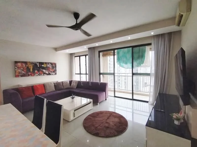 Living features: L-shape sectional sofa in purple, 3-seater fabric sofa in red, coffee table with white surface, area rug with circular shape, wall-mounted TV, ceiling fan, floor-to-ceiling windows, sheer curtains, recessed downlights, decorative artwork on wall, marble tile flooring; style: modern; view: city.